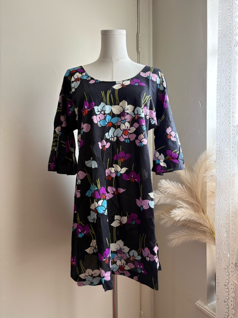 vintage 60s 70s bell sleeve floral‎ mini dress